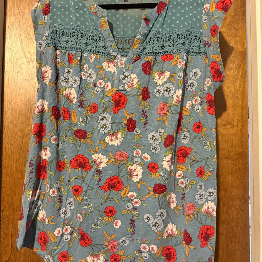Daniel Rainn Floral Blouse with Red and Blue Accents